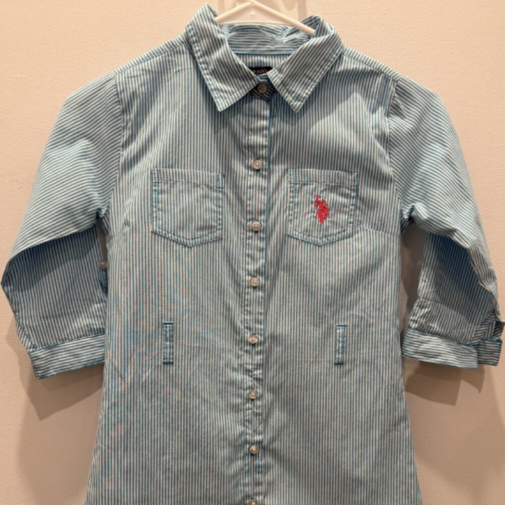 U.S. Polo Assn Boys Size 8 Button Down Shirt Blue White Stripe Preppy Cotton